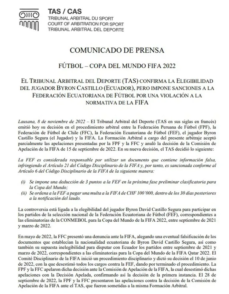 ¿Desenlace y final esperado?: Caso Byron Castilo llegó a su fin, Selección Ecuador seguirá en el Mundial pero les descontarán 3 puntos en las próximas eliminatorias al Mundial