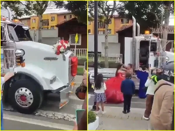 La joven arribó a la misa rodeada de familiares y amigos que la aplaudían y grababan para contemplar aquel instante e incluso hasta un guardia de tránsito no pudo resistirse a grabar aquel peculiar momento.