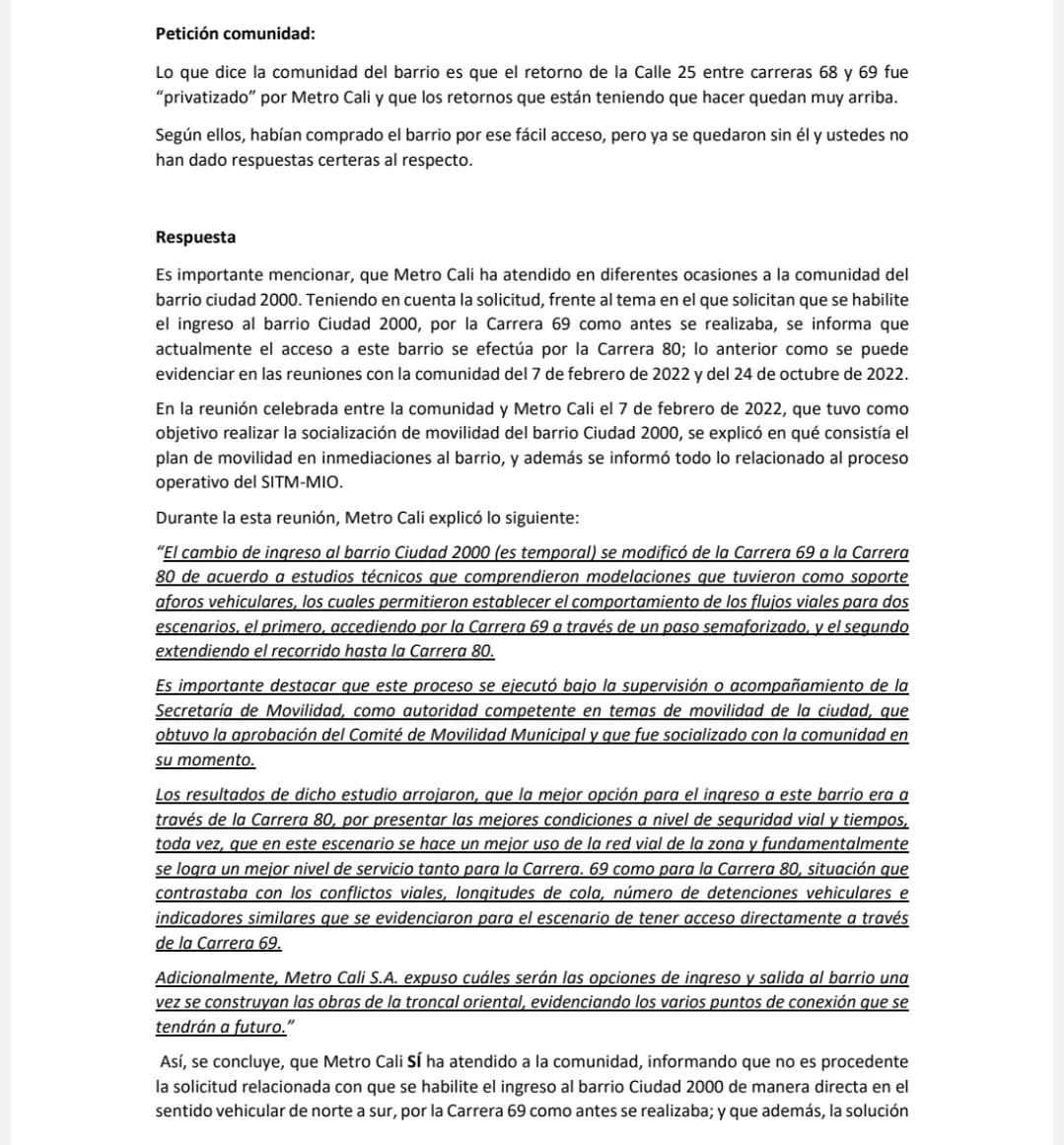 Por obras del MIO vecinos de Ciudad 2000 se quedaron sin un retorno cerca a la entrada de su barrio