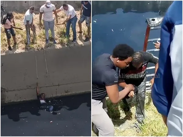 Sin dudarlo algunas personas buscaron cuerda y escalera para sacar a motociclista que cayó a un caño