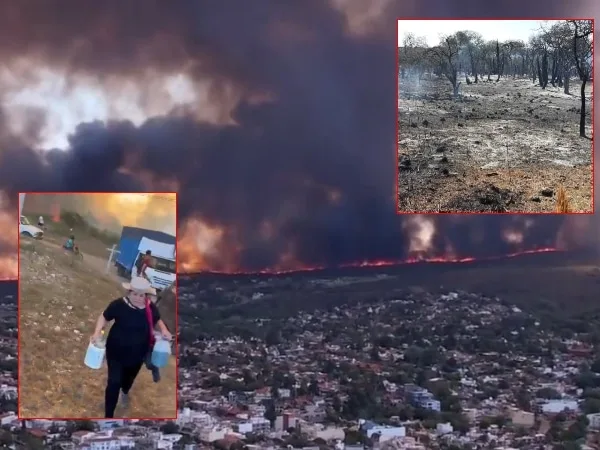 Bomberos y aviones hidrantes siguen combatiendo incendio forestal en Villa Carlos Paz, Argentina