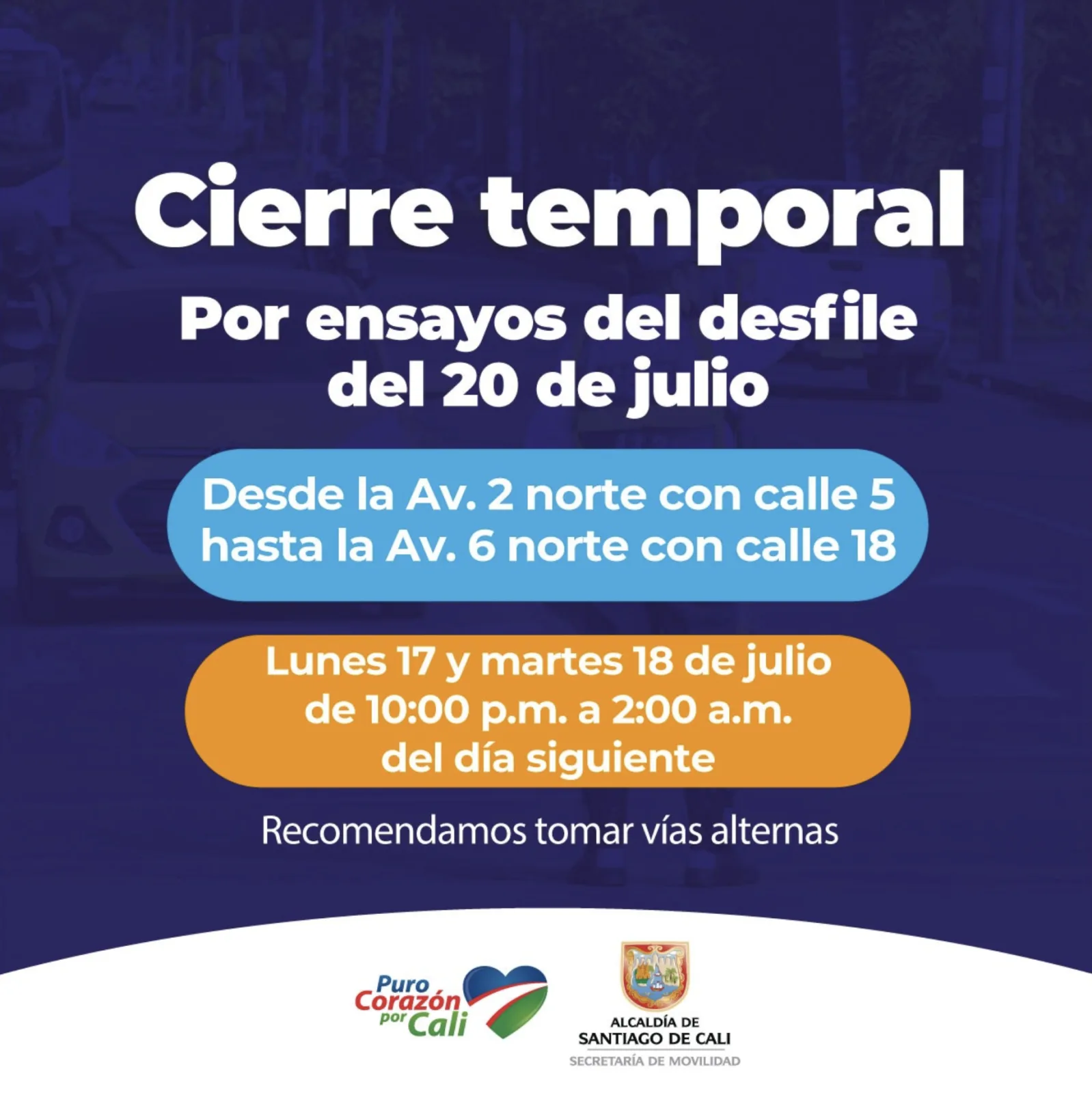 Cierres viales en Cali por ensayos del desfile del 20 de julio