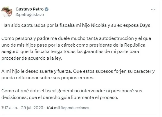"Como persona y padre me duele tanta autodestrucción": Petro por captura de su hijo Nicolás