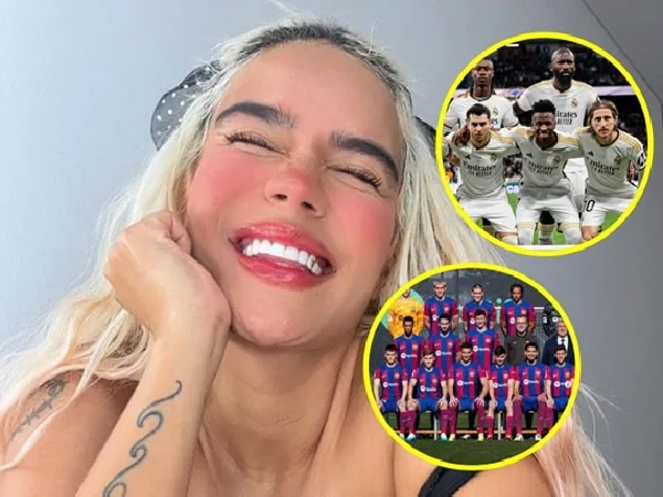 Karol G y los equipos de fútbol Barcelona y Real Madrid.