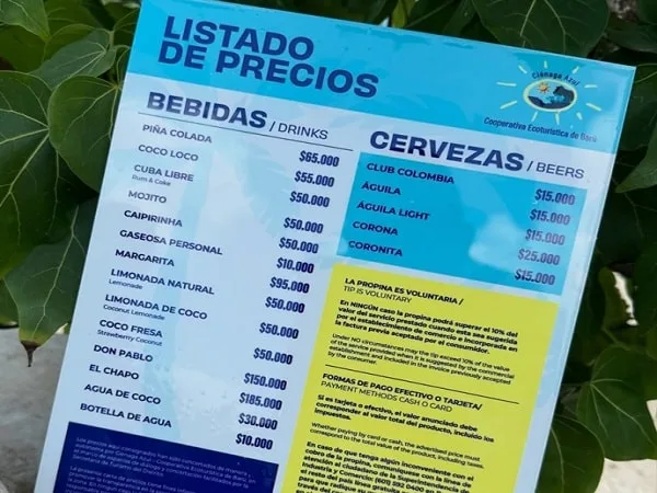 Lista de precios en la isla de Barú, Cartagena.