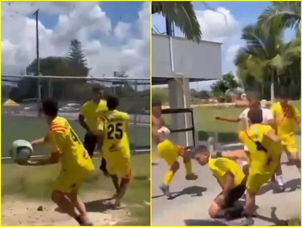 En medio del descontrol, el árbitro intentaba huir al tiempo en que el entrenador y los jugadores lo persiguen, propinándole golpizas e insultos