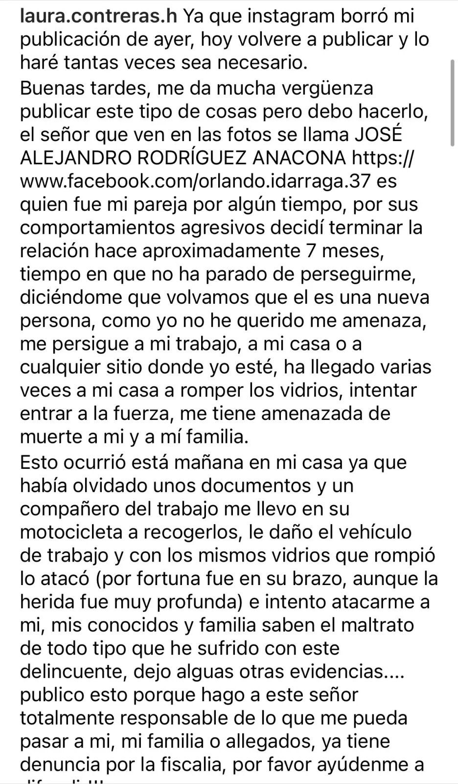 Laura expareja Bogotá amenazas