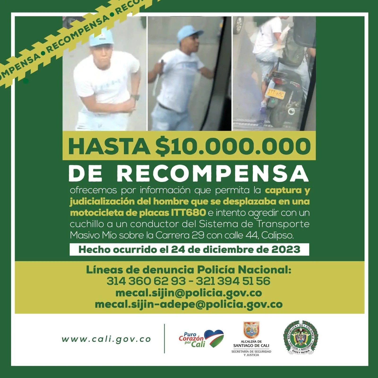 Con otra recompensa, buscan a agresor: rompió la ventana de bus del MIO con un cuchillo