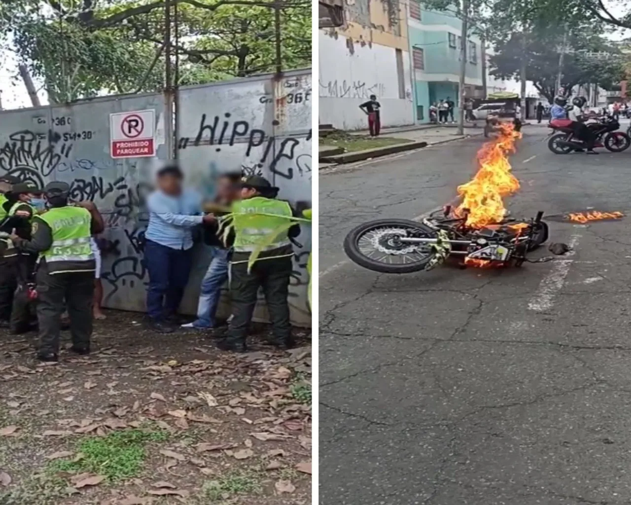 Atrapados, golpeados y con la moto quemada: en el sur de Cali casi desnudan a presuntos ladrones