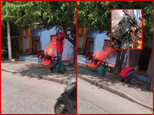 Las chatarra le quedó la moto a joven domiciliario en Valledupar, se le incendió y lloró de la tristeza