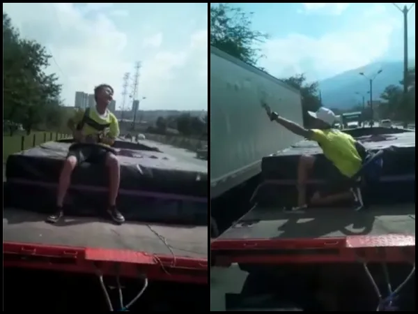 "Quién lo manda a subirse": polizón lloró para pararan el camión, pero el conductor lo grabó, se burló y siguió