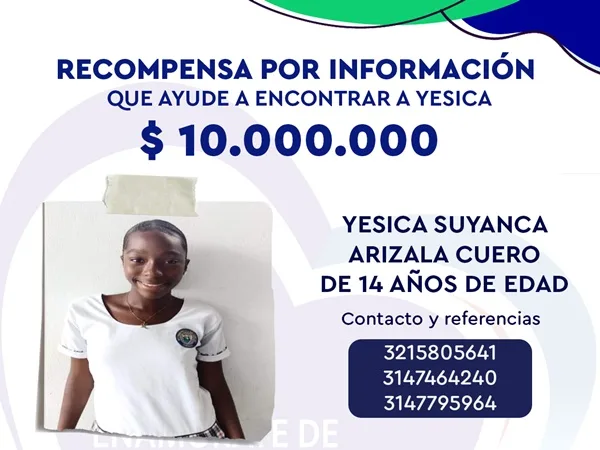 Yesica completó 10 días desaparecida en Tumaco, la recompensa por información es de $10 millones