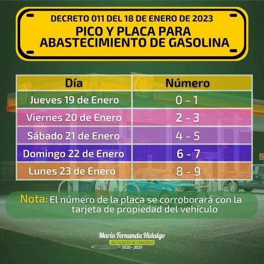 Cronograma de pico y placa para la venta de combustible en Sandoná