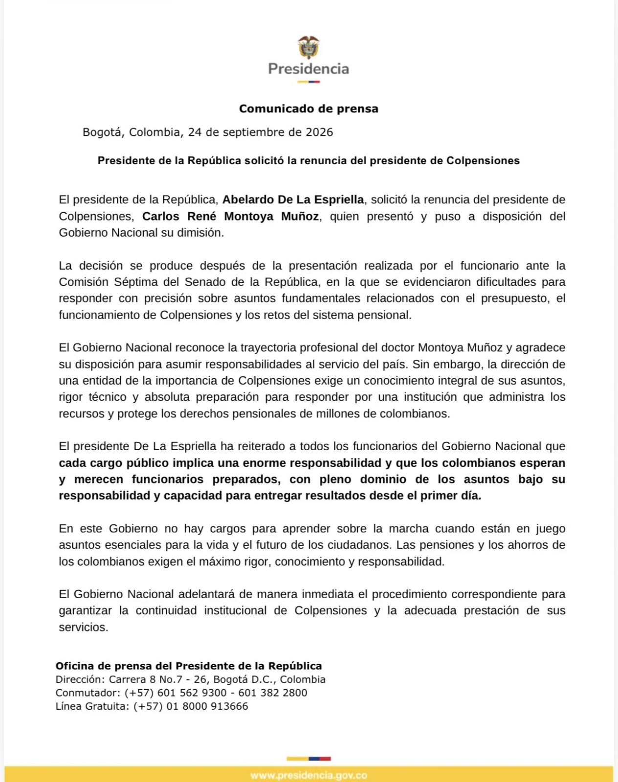 Presidencia de la República solicitó la renuncia del presidente de Colpensiones.