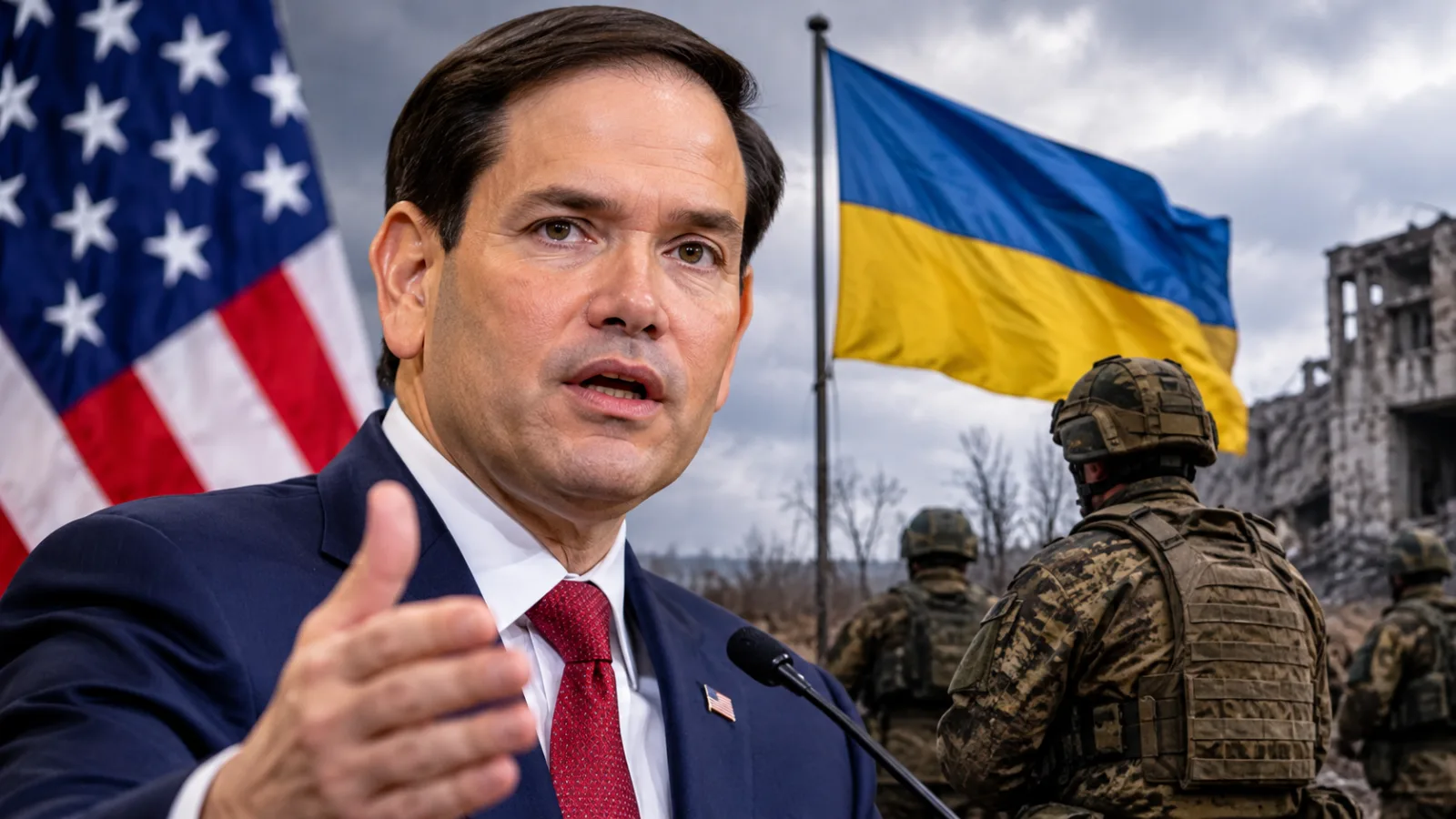 Marco Rubio habla con periodistas sobre la ayuda estadounidense a Ucrania en Mumbai. Copiar alt
