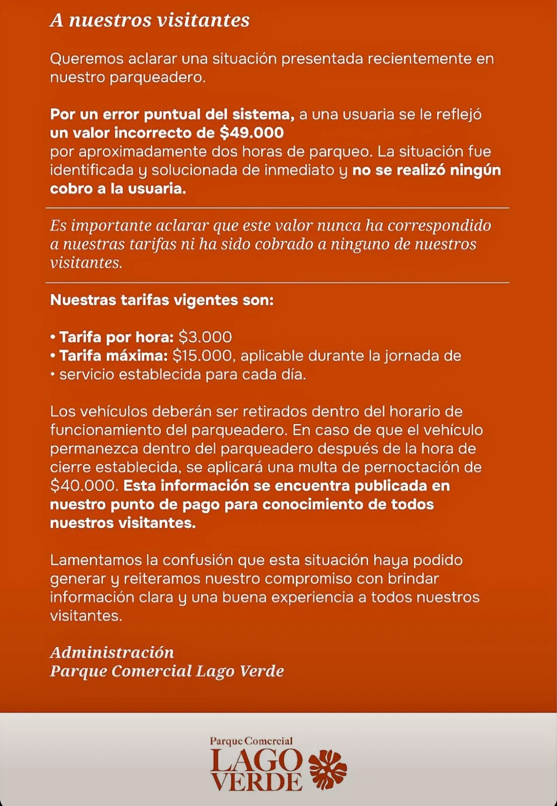 Comunicado de Lago Verde sobre el cobro de $49.000 por parqueadero en Cali.