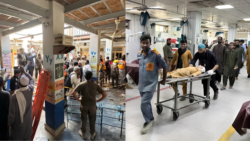 Equipos de emergencia y rescatistas atienden el derrumbe del techo de la escuela Al-Khair en Peshawar, Pakistán, donde murieron 34 niños y una docente.