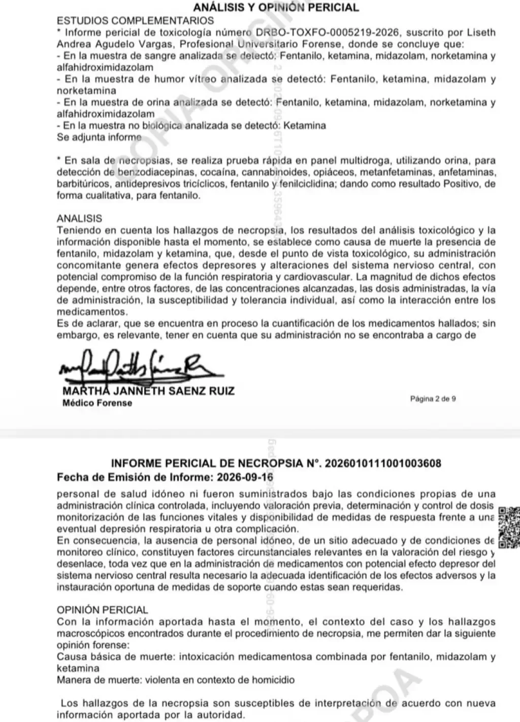Documento oficial de informe pericial que determina como causa de muerte homicidio por intoxicación con fentanilo, ketamina y midazolam.